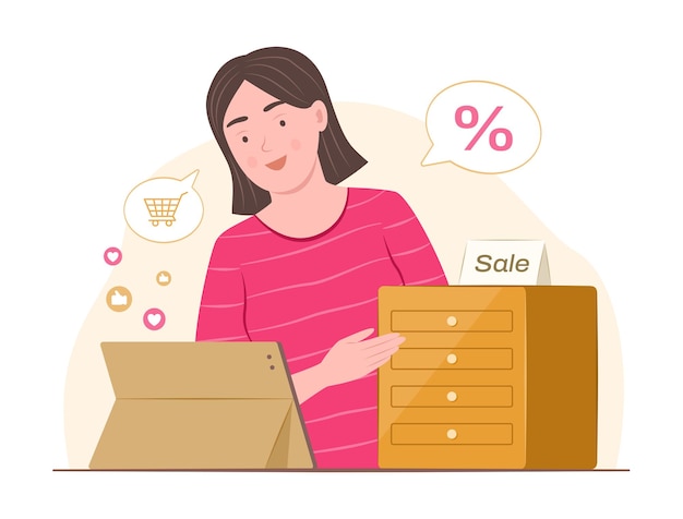 Mulher vendedora fazendo venda on-line em tablet digital para compras on-line e conceito de comércio eletrônico