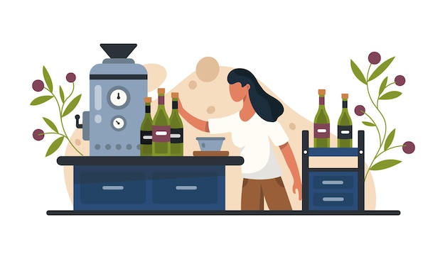 Mulher verificando garrafas com vinho Tempo para o processo de vinificação com uvas orgânicas