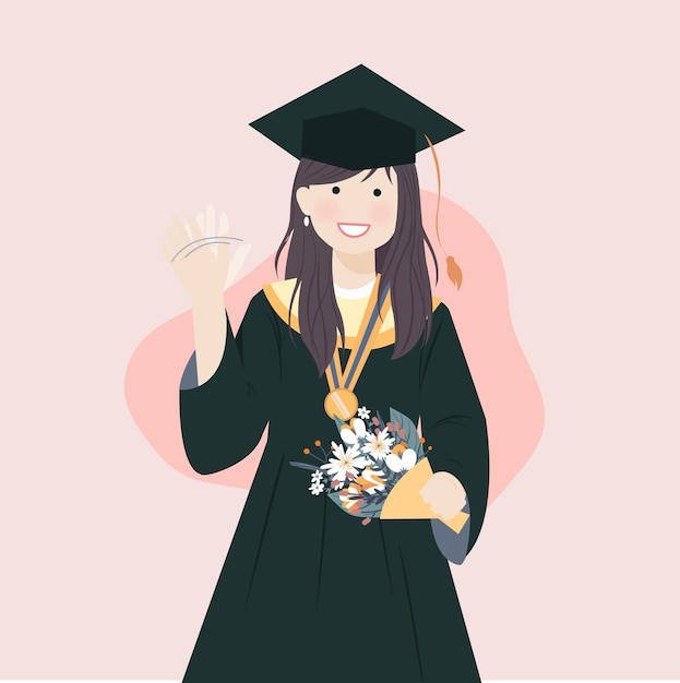 Mulher vestindo túnica de formatura e boné acadêmico com medalha e certificado, sorrindo e acenando com a mão
