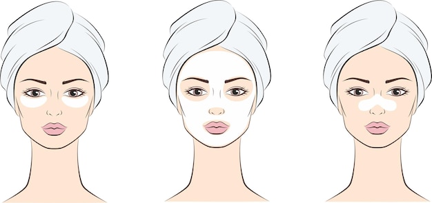 Vetor mulher vestindo uma toalha com uma máscara facial no rosto. ilustração em vetor.