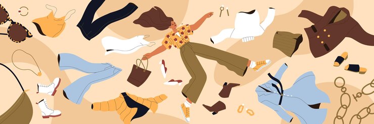 Mulher viciada em compras voando entre roupas. Moda rápida, consumismo e conceito de consumo excessivo. Jovem dama com roupas, roupas, compras ao redor. Ilustração vetorial plana colorida de bandeira larga.