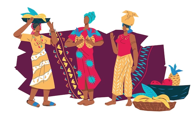 Vetor mulheres africanas em cenário decorativo para banners de viagens e cultura ilustração vetorial plana mulheres africanas para banner ou cartaz para apresentar tradições africanas e publicidade de viagens