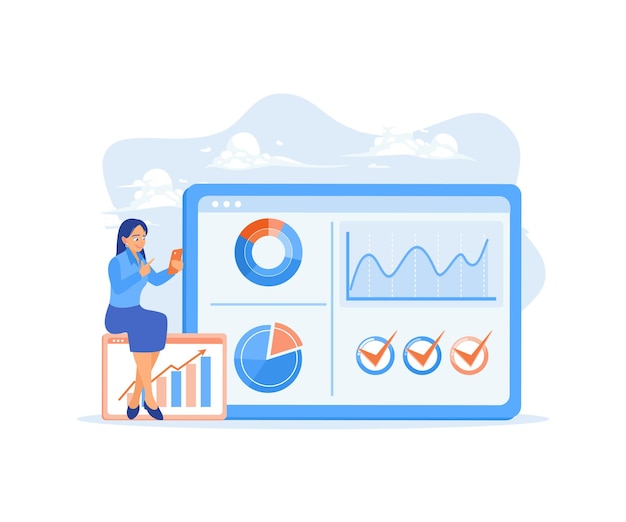 Mulheres analisando gráficos e gráficos Planejando uma estratégia de marketing Conceito de marketing digital Ilustração vetorial plana