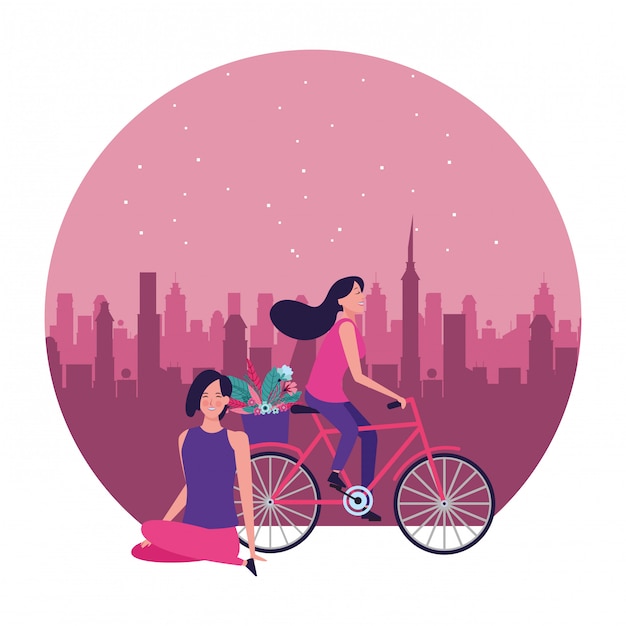 Mulheres andando de bicicleta com ilustração redonda de flor