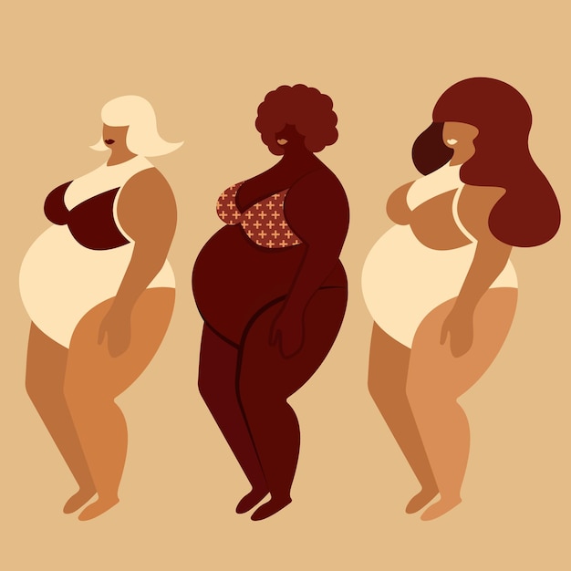 Mulheres bodypositivas e multirraciais vestidas em trajes de banho isolados em ilustração vetorial bege