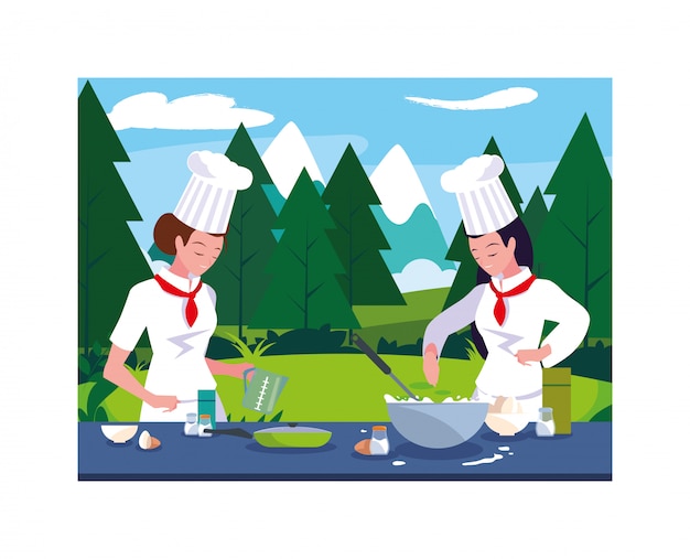 Mulheres bonitas cozinhando, chef de uniforme branco