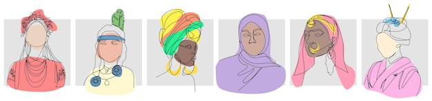 Mulheres bonitas de diferentes nacionalidades uma linha ucraniana indiana africana muçulmana árabe japonesa