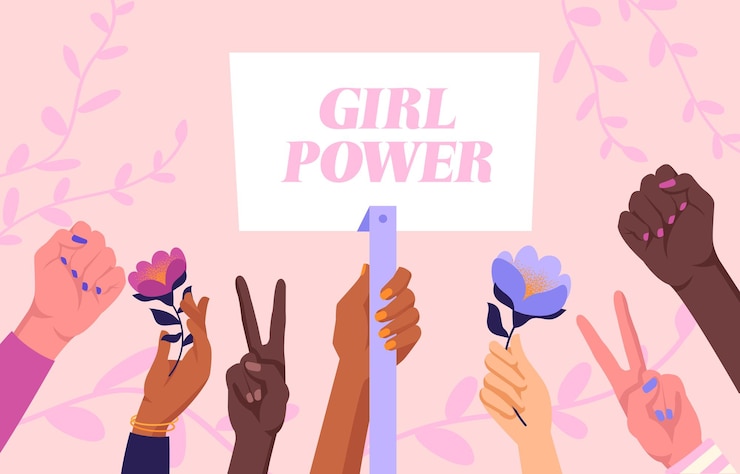 Vetor mulheres com bandeira de mão conceito de poder feminino feminismo igualdade tolerância mulheres ergueram os punhos