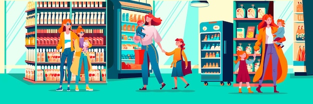 Mulheres com filhos fazendo compras no supermercado com produtos no carrinho pessoas na loja comprando mantimentos