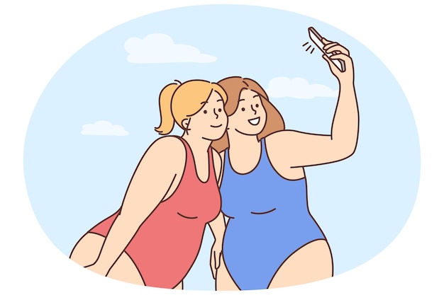 Mulheres com sobrepeso em biquínis fazem selfie