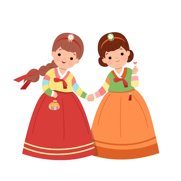 Vetor mulheres coreanas de mãos dadas em um vestido hanbok tradicional coreano. amiga comemorando o clipart do feriado nacional coreano. vetor de estilo simples isolado