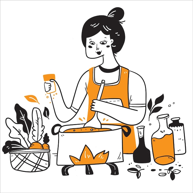 Vetor mulheres cozinhando ilustração vetorial doodle