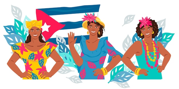 Mulheres cubanas no pano de fundo da bandeira nacional de cuba vetor plano isolado