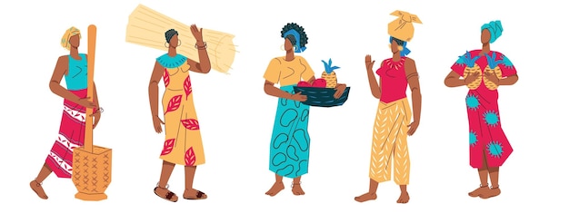 Mulheres da aldeia africana com ferramentas de trabalho ilustração vetorial plana dos desenhos animados isolada