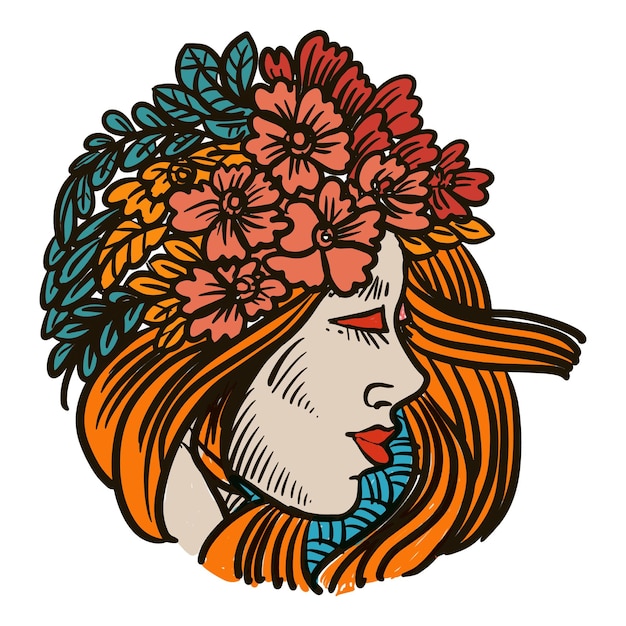 Vetor mulheres de beleza desenhadas à mão e flores no cabelo