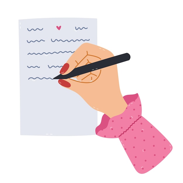Mulheres de desenho animado adoráveis escrevendo uma carta de amor com caneta com o braço desenhado escrevendo em uma folha de papel