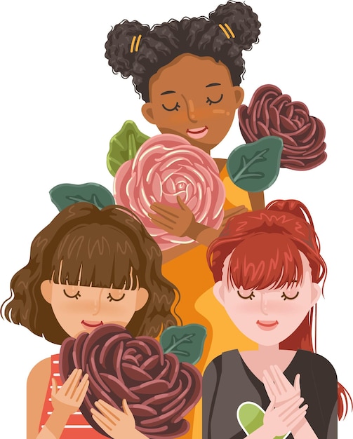 Vetor mulheres de diferentes raças. grupo de meninas segurando flores. dia internacional da menina