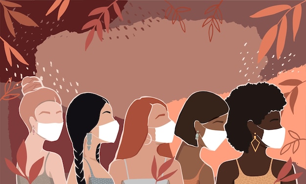 Mulheres de diferentes raças juntas em máscaras em um fundo abstrato com folhas