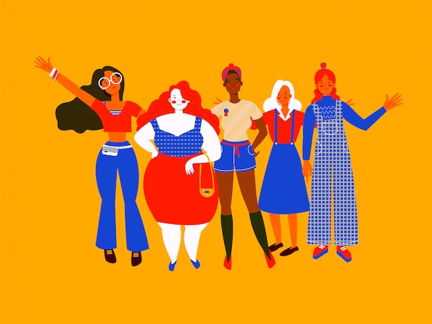 Mulheres de diferentes tipos de corpo e cor da pele acenando de alegria. garotas diferentes em roupas diferentes, estilo de plano de fundo amarelo. cartão do dia internacional da mulher ou panfleto.