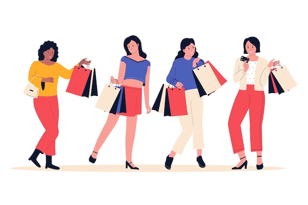 Mulheres de grupo que gostam de fazer compras