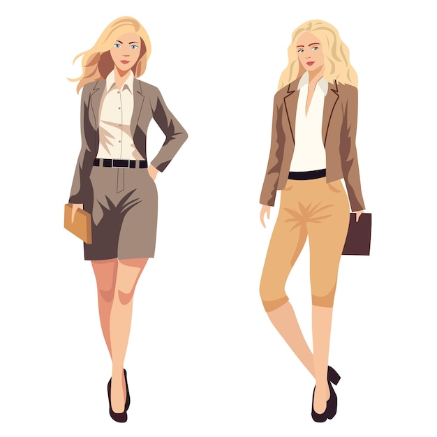 Vetor mulheres de negócios elegantes em roupas formais guarda-roupa básico código de vestimenta corporativo feminino mulheres em off