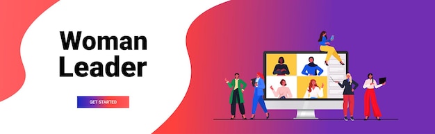 mulheres de negócios tendo reunião de conferência on-line misturar mulheres de negócios de raça discutindo durante a videochamada com colegas na ilustração vetorial de retrato horizontal de tela de monitor