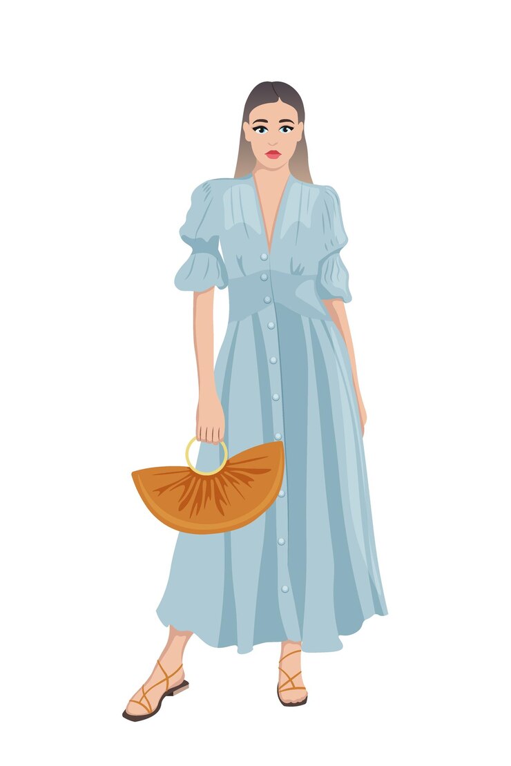 Vetor mulheres de salto alto, vestidas com roupas elegantes da moda, meninas da moda linda garota com vestido de verão longo vetor personagens de desenhos animados femininos ilustração vetorial