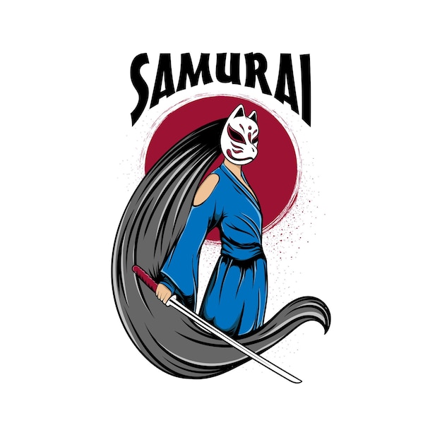 Mulheres de samurai com logotipo de máscara de raposa com letras de samurai em fundo branco