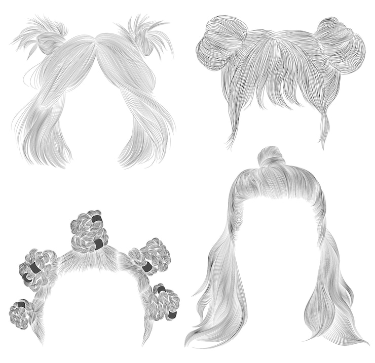 Vetor mulheres definir tranças de cabelo bun desenho a lápis preto esboço mulheres moda estilo de beleza