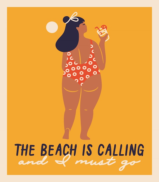 Mulheres desenhados à mão do vetor isolado na praia. Ilustrações engraçadas para o projeto.
