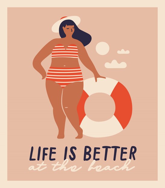 Mulheres desenhados à mão do vetor isolado na praia. Ilustrações engraçadas para o projeto.