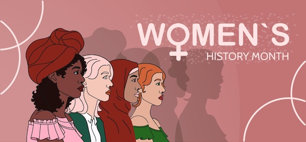 Mulheres diversas em perfil celebrando o mês da história da mulher em um fundo abstrato rosa