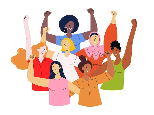 Mulheres divertidas e felizes levantando as mãos com os punhos fechados International Accelerate Action IWD 2025