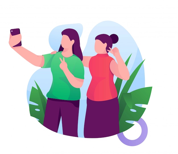 Mulheres e amigos obter ilustração plana de selfie