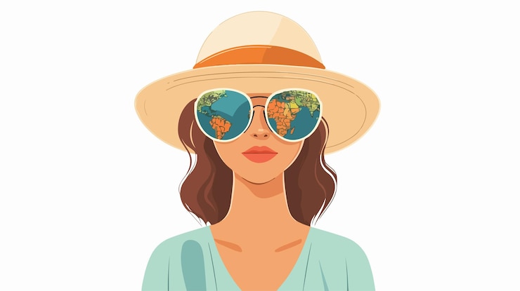 Vetor mulheres elegantes com óculos de sol e chapéu posando contra o fundo do mapa global