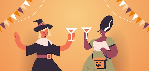 Mulheres em fantasias comemorando o feliz dia das bruxas, misturar raça meninas bebendo coquetéis com ilustração em vetor horizontal bar festa retrato