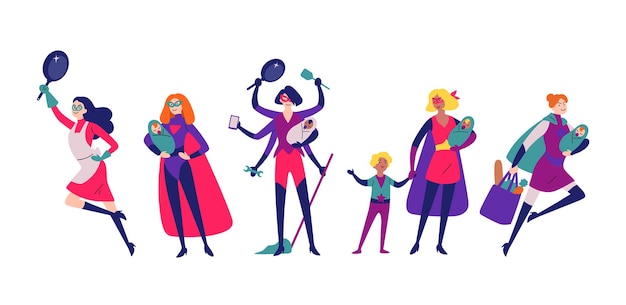 Mulheres em fantasias de super-heróis fazem o trabalho doméstico, limpam e criam os filhos.