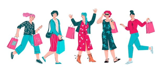 Mulheres fazendo compras ilustração vetorial plana em um fundo branco