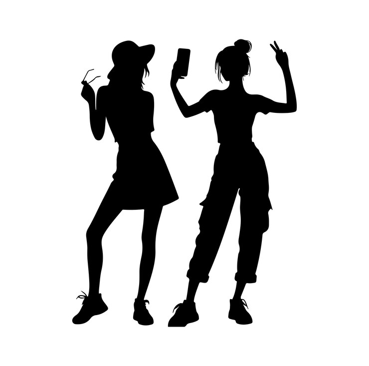 Vetor mulheres fazendo selfie posando falando em telefone móvel conjunto de mulheres fazendo selfie vetor de silhueta.
