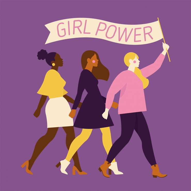 Vetor mulheres felizes ou meninas juntos e de mãos dadas. grupo de amigas, união de feministas, irmandade. personagens de desenhos animados plana isolados. ilustração colorida.