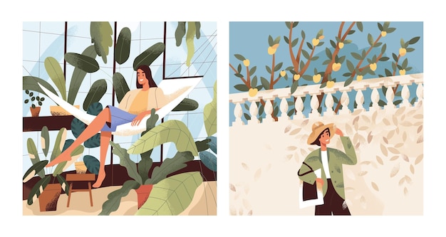 Mulheres felizes relaxando entre plantas e plantas domésticas, ao ar livre na natureza e dentro de casa no jardim nas férias. fêmeas descansando nas horas de lazer. conceito lento de vida e prazer. ilustrações vetoriais planas.