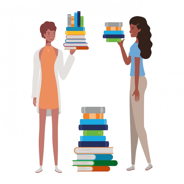 Mulheres, ficar, com, pilha livros