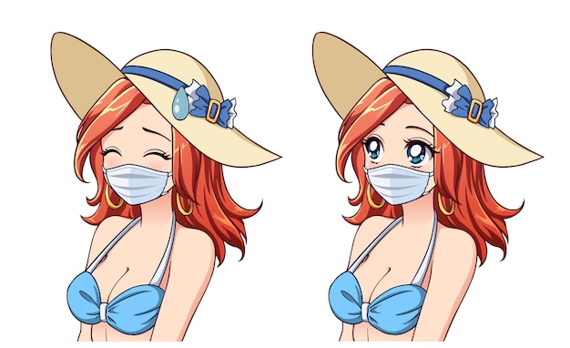 Mulheres fofas de anime usando chapéu de verão, biquíni e máscara médica