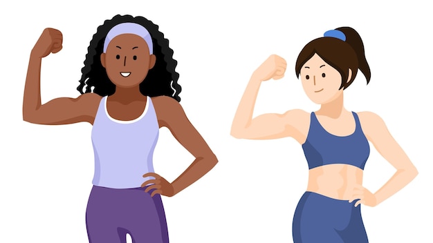 Mulheres fortes e confiantes flexionando os bíceps