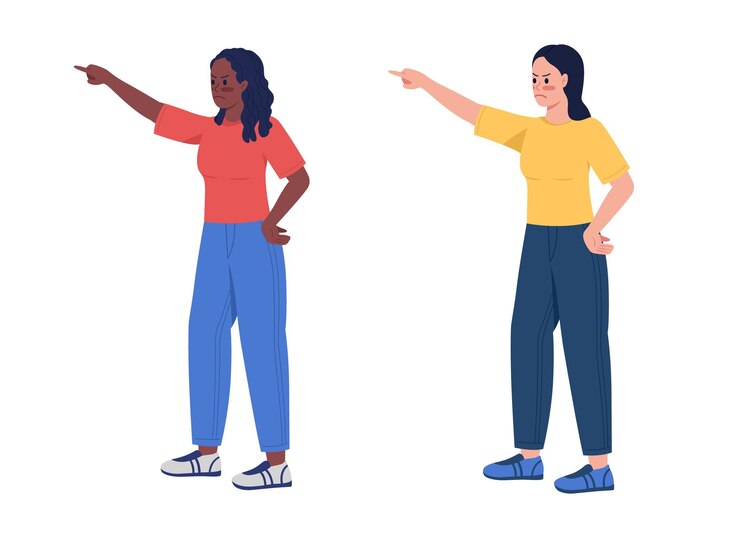 Vetor mulheres furiosas apontando com os dedos conjunto de caracteres vetoriais de cores semi planas