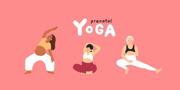 Mulheres grávidas fazendo exercícios de ioga pré-natal Mães com barrigas em exercícios de fitness durante a gravidez Ginástica de alongamento para mães Ilustração vetorial plana isolada em fundo branco