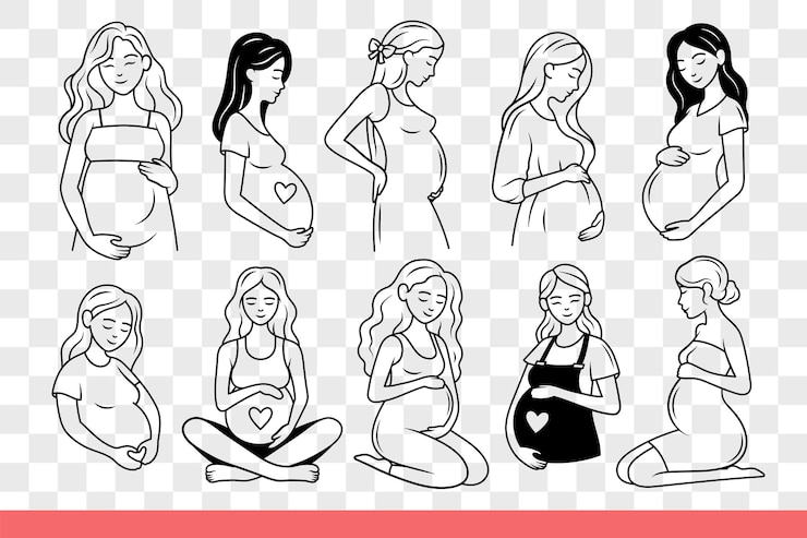 Vetor mulheres grávidas que esperam um filho e sonham com uma família e filhos saudáveis desenhados à mão