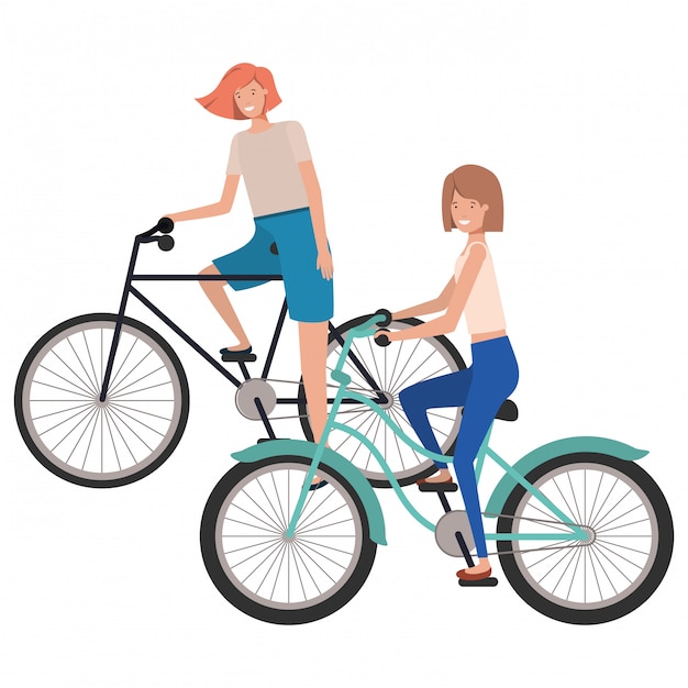 Mulheres jovens com caráter de avatar de bicicleta