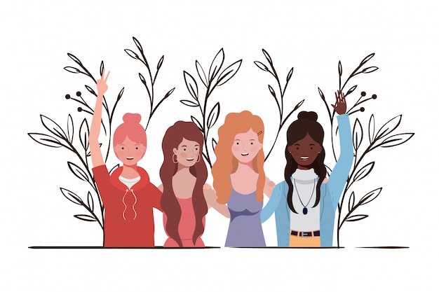 Mulheres jovens, com, paisagem, ilustração