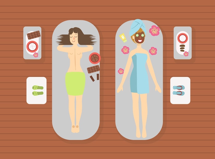 Vetor mulheres jovens desfrutando de tratamentos de beleza no centro de spa meninas relaxando com procedimentos faciais e de cuidados com a pele ilustração vetorial